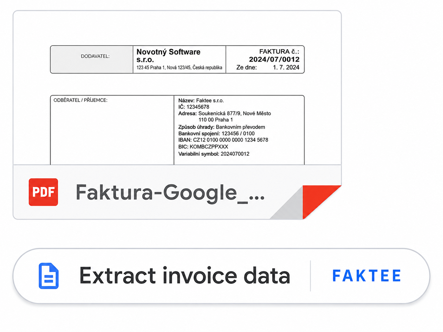 Faktee Extract button next to a PDF invoice attachment in Gmail
