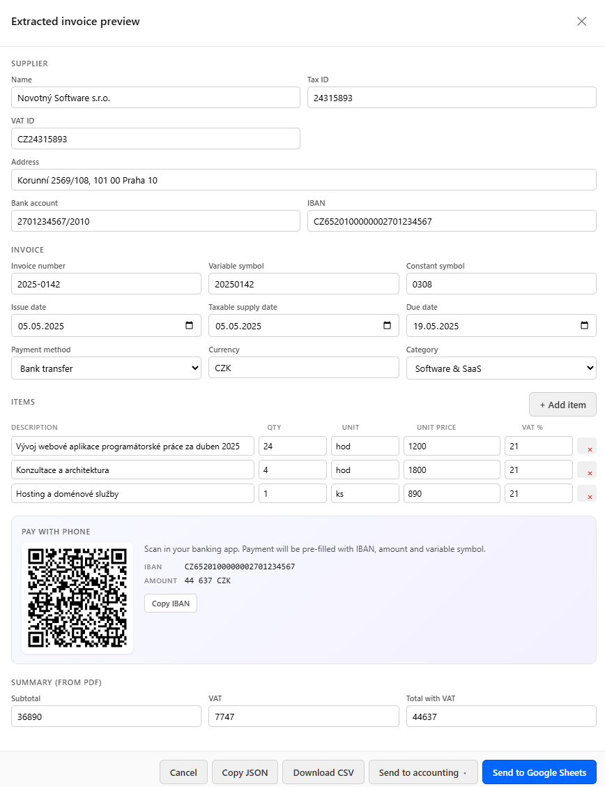 Faktee extracted invoice preview modal with supplier details, line items and QR payment code