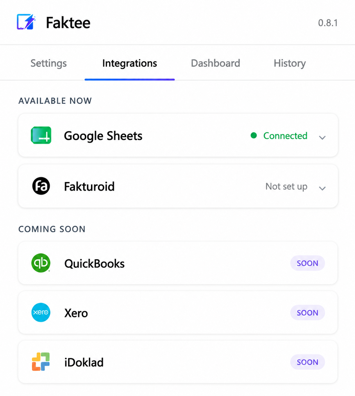 Faktee Chrome extension popup with activation code and accounting integration setup